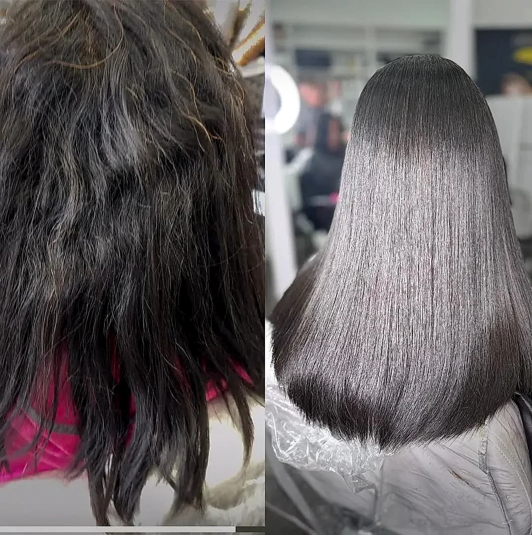 Dramatic before and after keratin smoothing transformation
