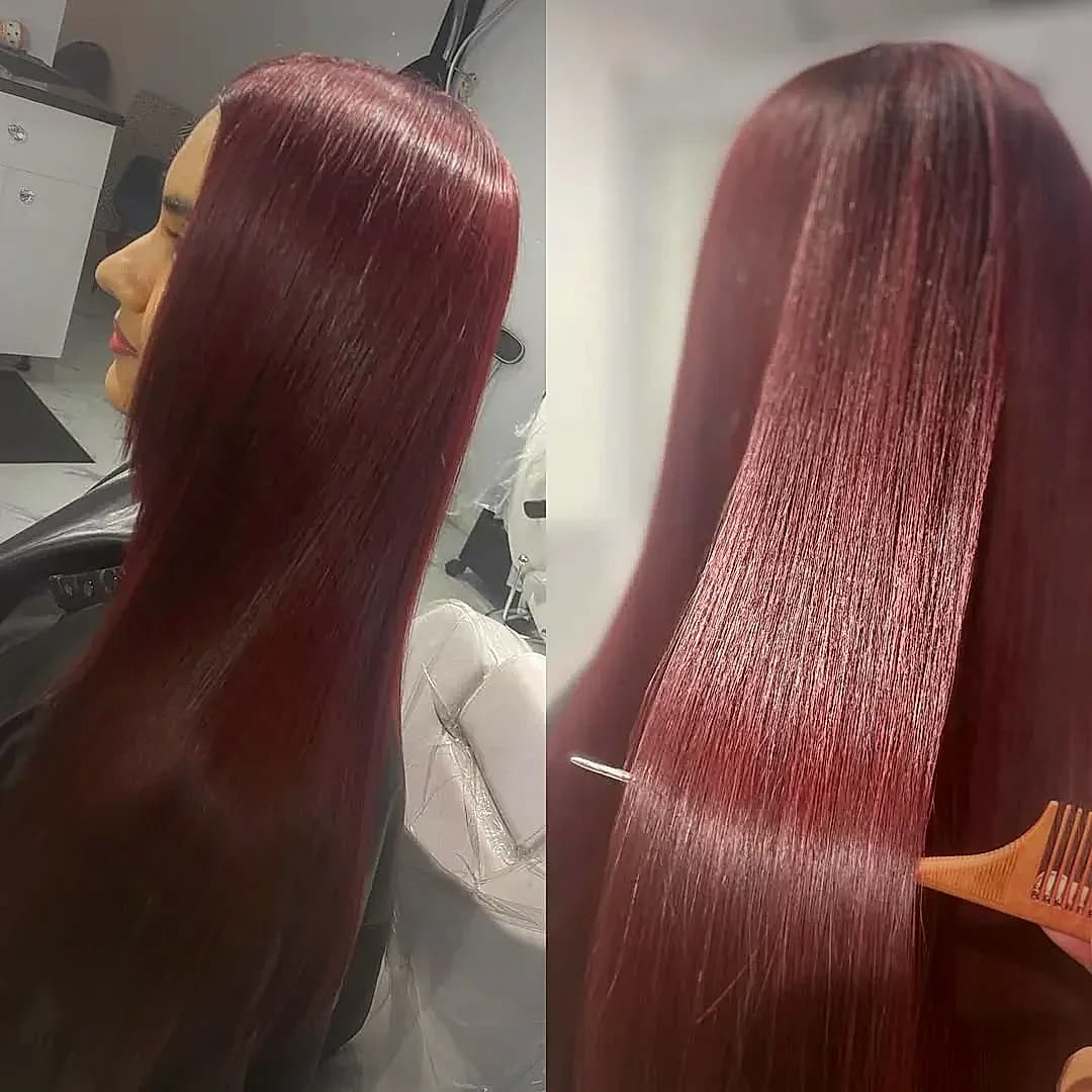 Cherry brown hair color with keratin treatment